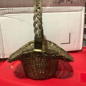 Vintage brass Gold Woven Accent Basket with Braided Handle. Preloved